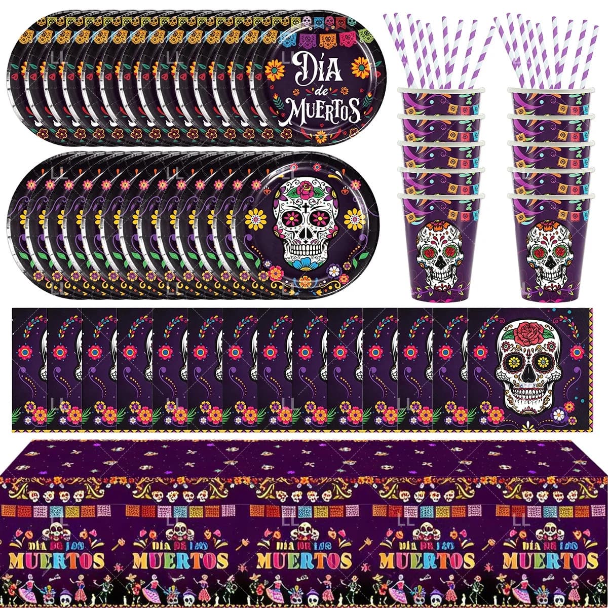 Day of the Dead Party Decoration Mexican Skull Flowers Cactus Candle Backdrop Plates Cups Napkin Tablecloth Supplies Photo Props