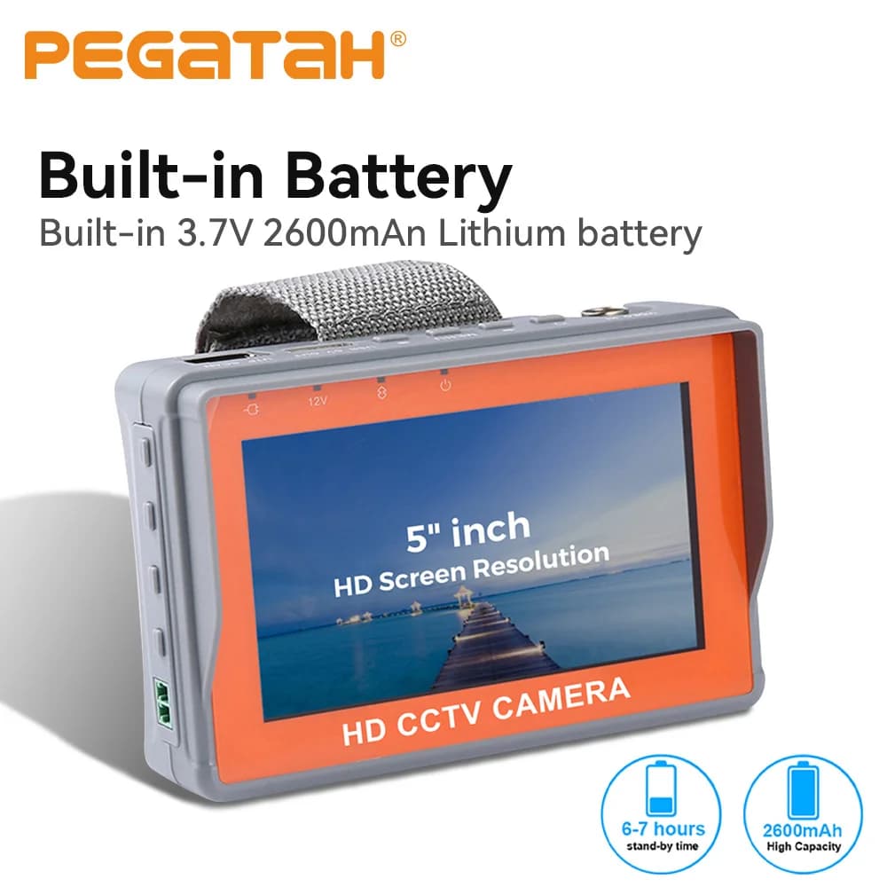 PEGATAH 4 in 1 5 inch 4K CCTV Tester, AHD/CVI/TVI CVBS Camera Monitor Analogs with HDMI input VGA and UTP cable test