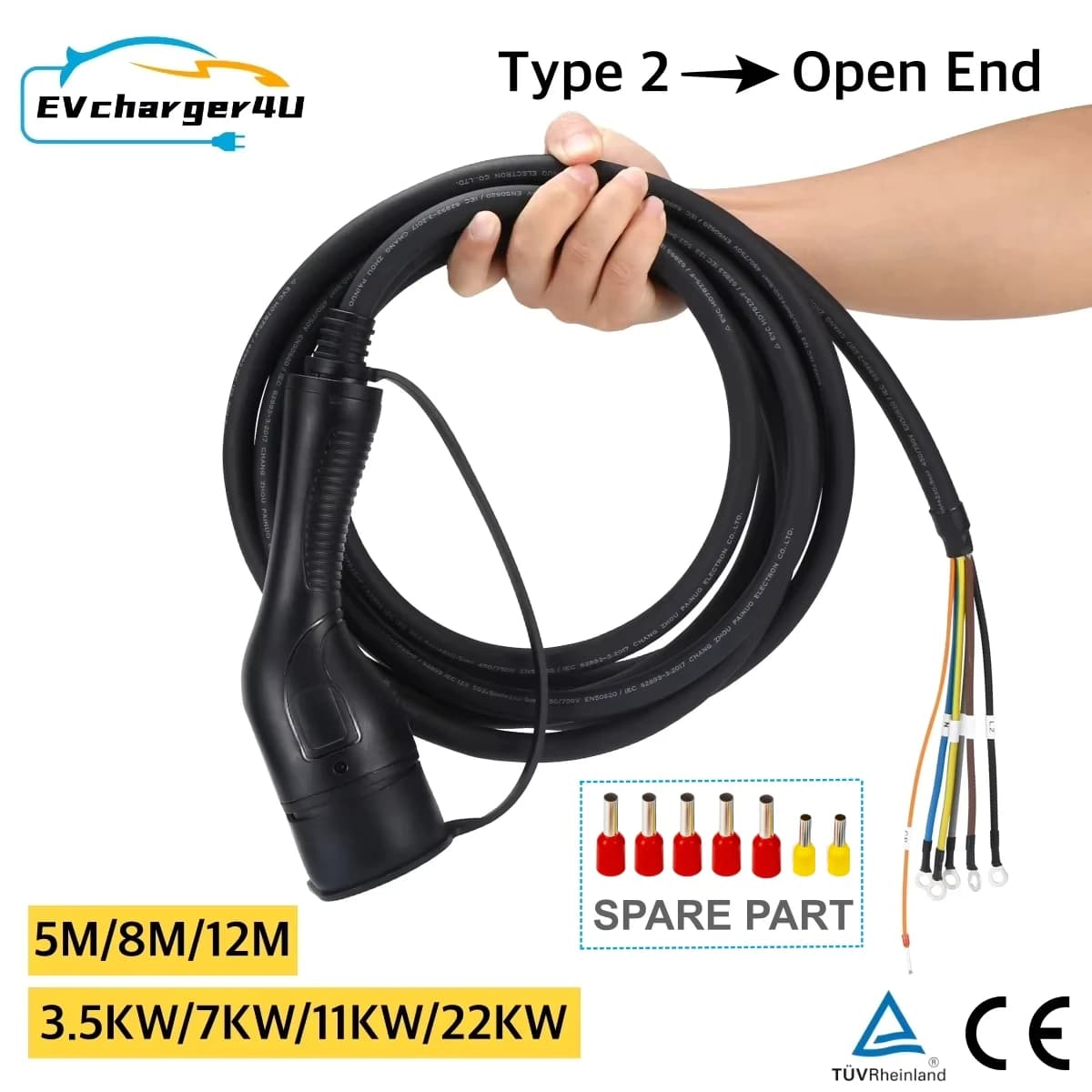 EVcharger4U 3.5KW 7KW 11KW 22KW IEC62196 EV charging cable Type 2 Female to open cable for electric vehicle charging station