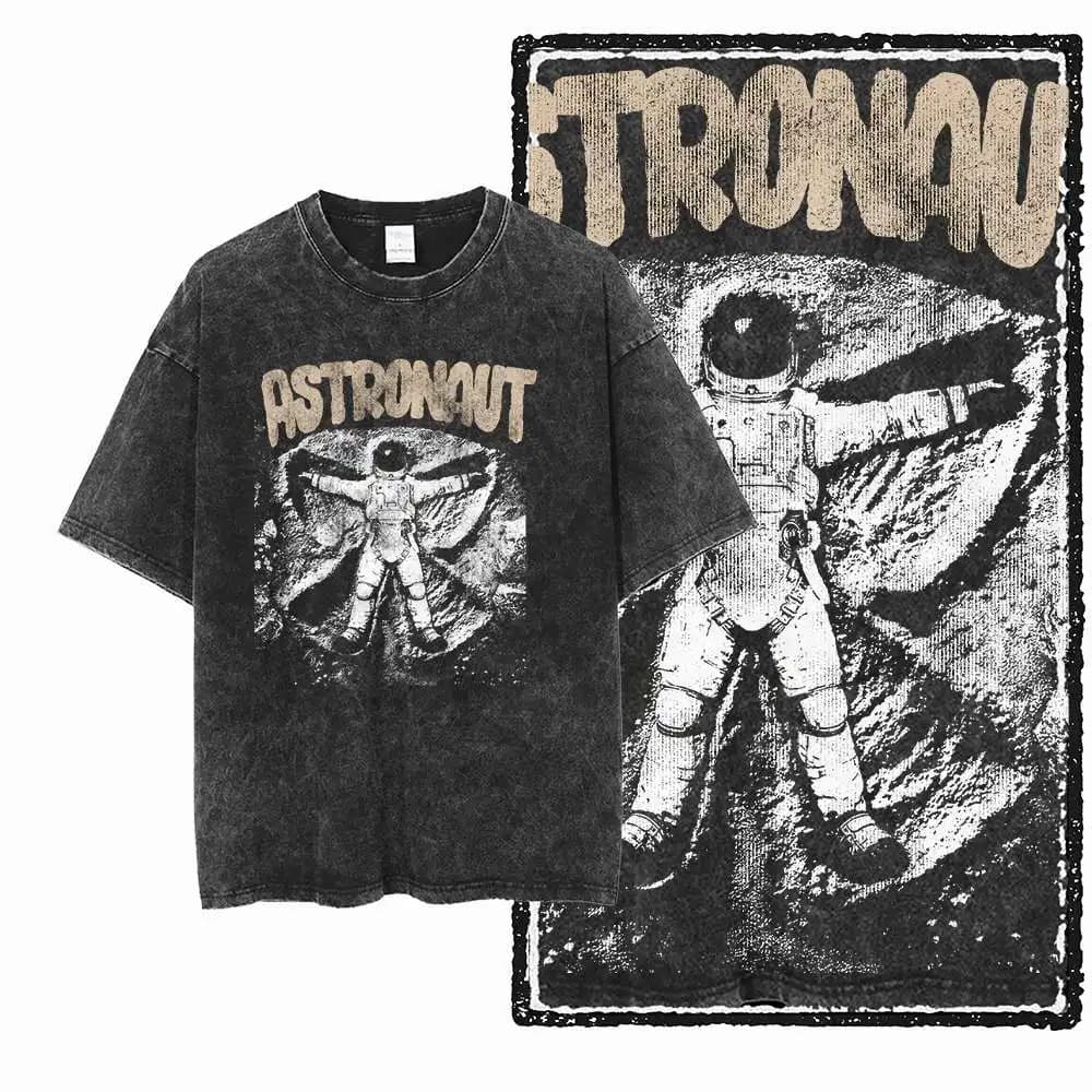 G37 Acid Washed Black Streetwear 100% Cotton Space Printed Men's T-shirt | Big Size Cool Vintage O-neck men's Tee Tshirt