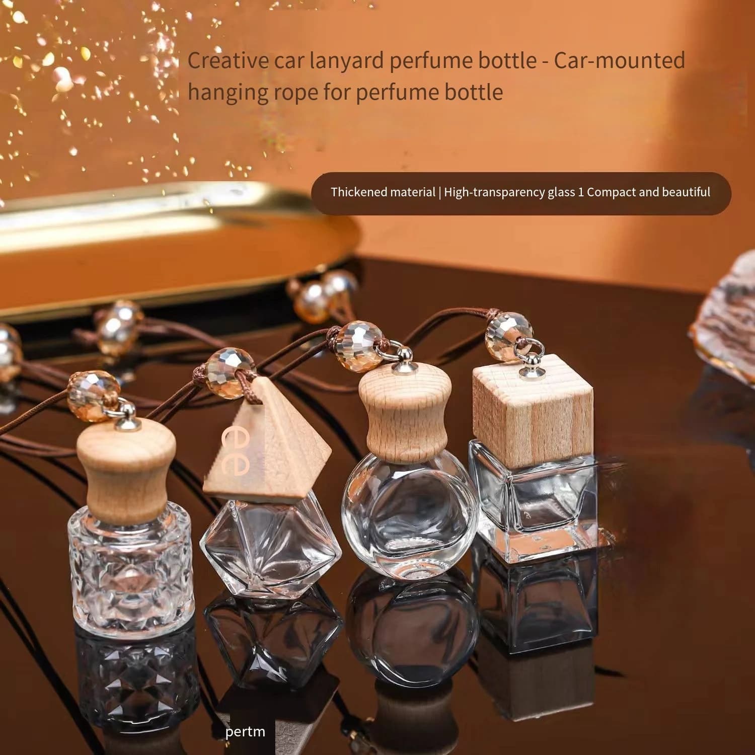 Hanging Car Air Freshener, Creative Shaped Perfume Glass Bottle for Fragrance Diffusion with Wooden Cap, Sealing Cap and Lanyard
