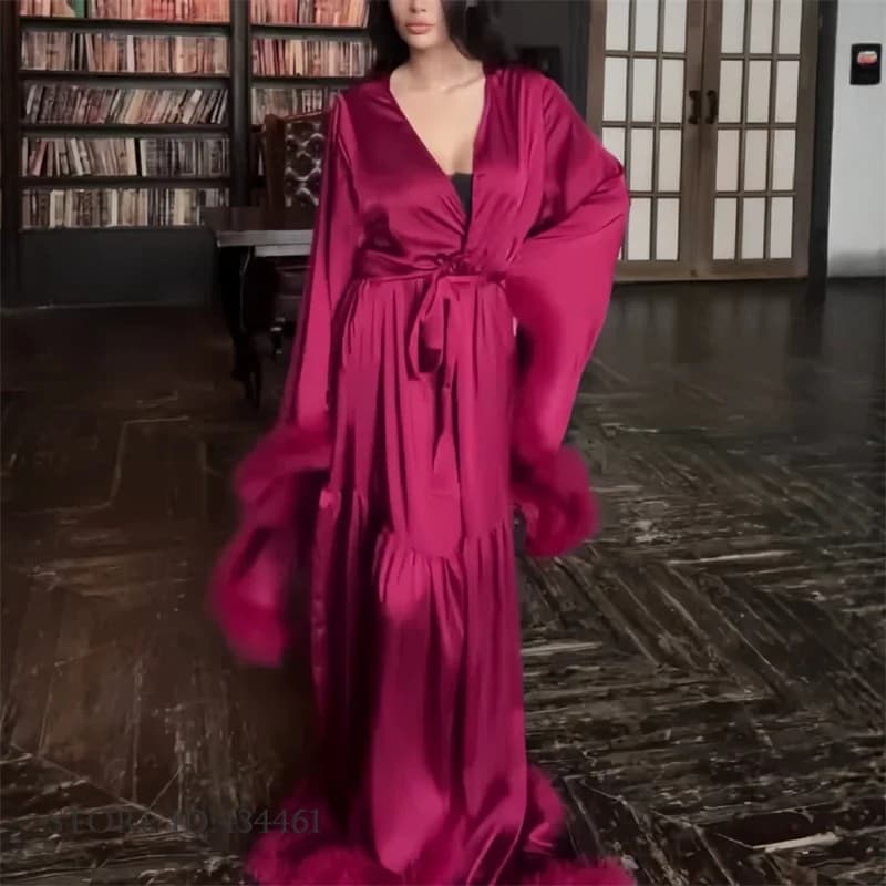 Lussuoso Kimono Lungo da Sposa in Piume, Vestaglia Elegante in Raso di Seta, Camicia da Notte, Pigiama Comodo e Casual per la Casa