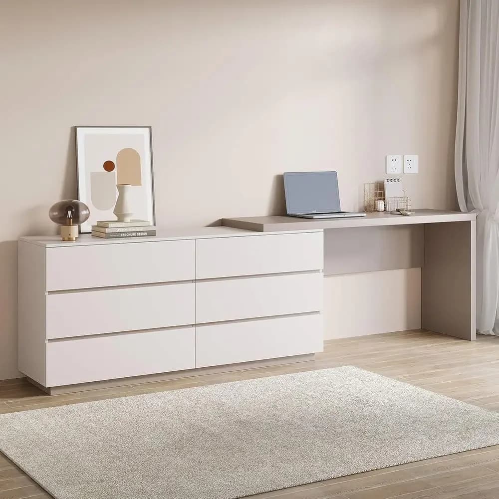 Scrivania Espandibile a L con 6 Cassetti per Ufficio Domestico, Trucco, Gaming e Studio, Beige, Regolabile 56-98