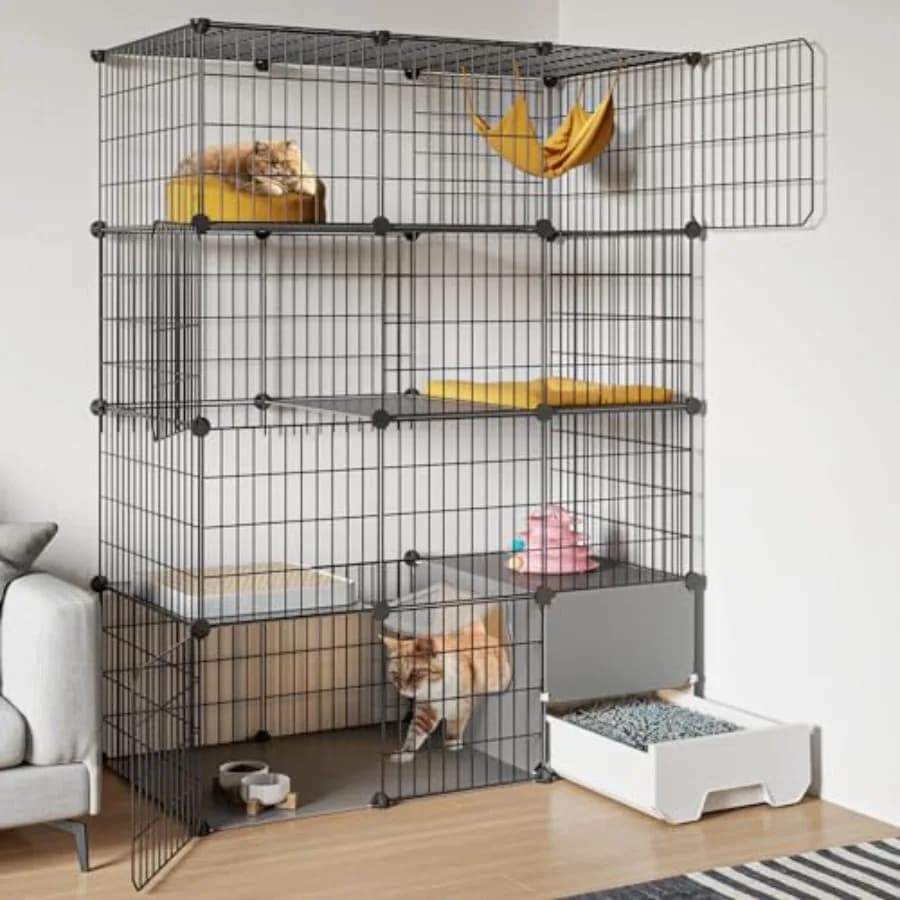 Gabbia per gatti di grandi dimensioni con lettiera, recinzione fai-da-te a 4 livelli, cuccia in metallo smontabile, area esercizio 41,3 L x 17,8 L x 55,1 A