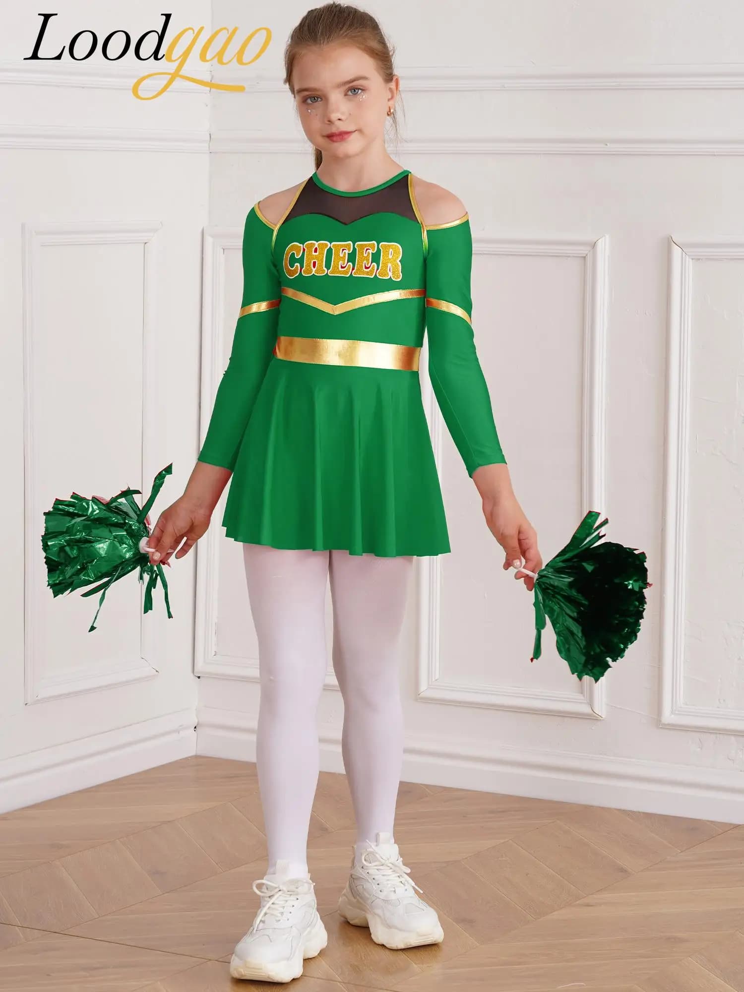 Cosplay Costume da squadra allegria Costume da ballo allegria Ragazze della scuola Uniforme da cheerleader Vestito da body per bambini con fiori a mano