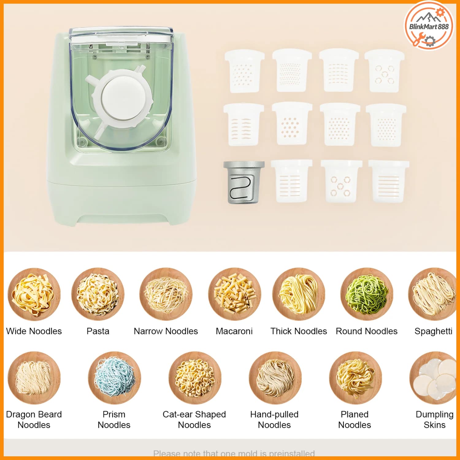 Household Electric Noodle Machine w/ 13 Molds| Multifunctional Pasta Maker| Green