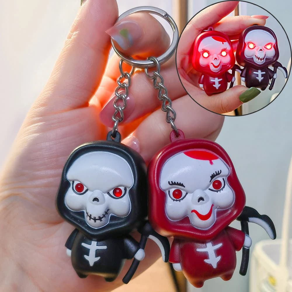 Halloween Fantasma Morte LED Suono incandescente Portachiavi Cartoon Anime Fantasma Scheletro Fascino Regalo creativo Borsa Chiave Portafoglio Ciondolo