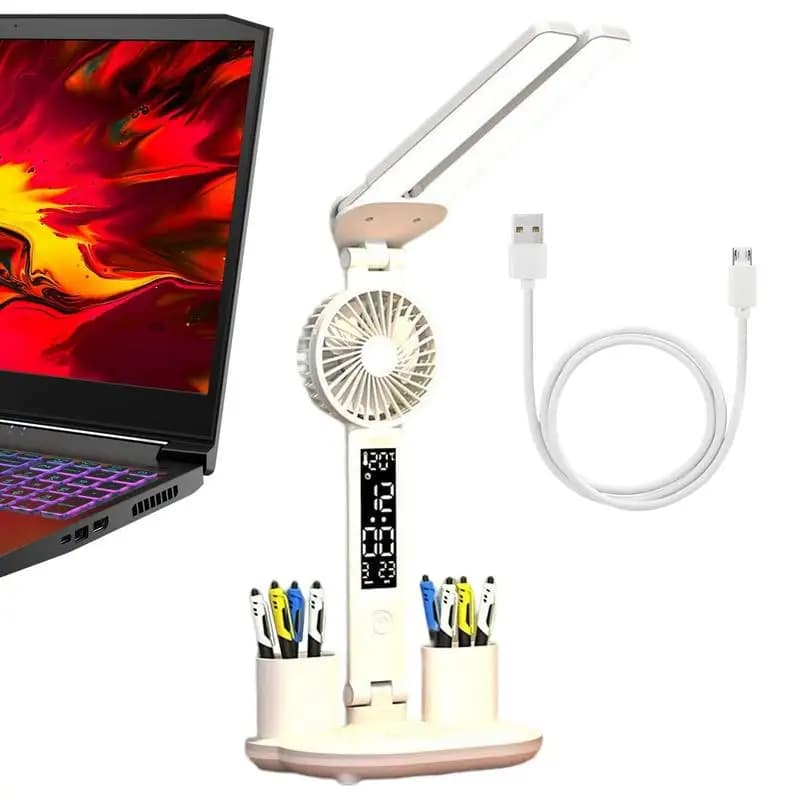 Lampada da scrivania a LED con ventola Lampada da tavolo con illuminazione plug-in con portapenne Batteria a lunga durata Lampada da lettura per libri Sala studio