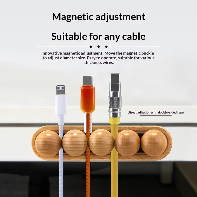 Solid Wood Magnetic Cable Organizer, N52 Adjustable Cord Holder, Self-Adhesive Desk Wire Management for Home Office, Tidy USB