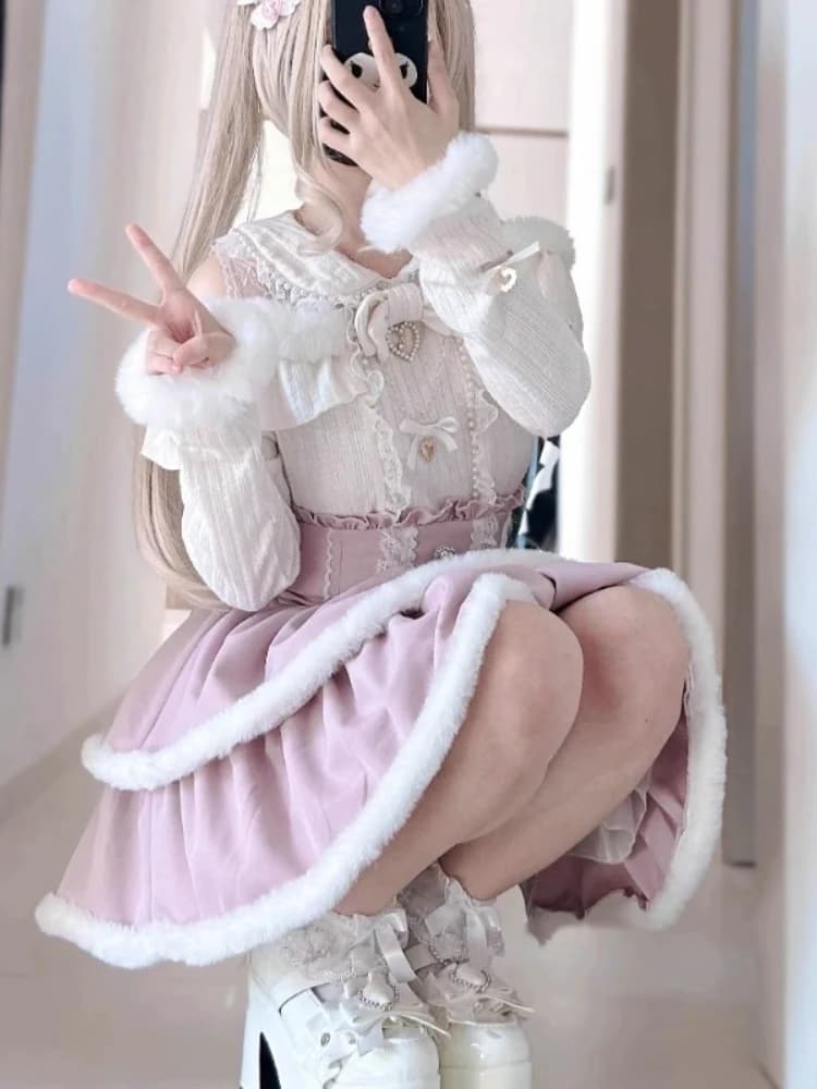 Set Gonna Stile Y2k Giapponese Gotico Lolita, Top con Fiocco e Spalle Scoperte in Pelliccia, Minigonna a Vita Alta, Completo per Feste a Tema