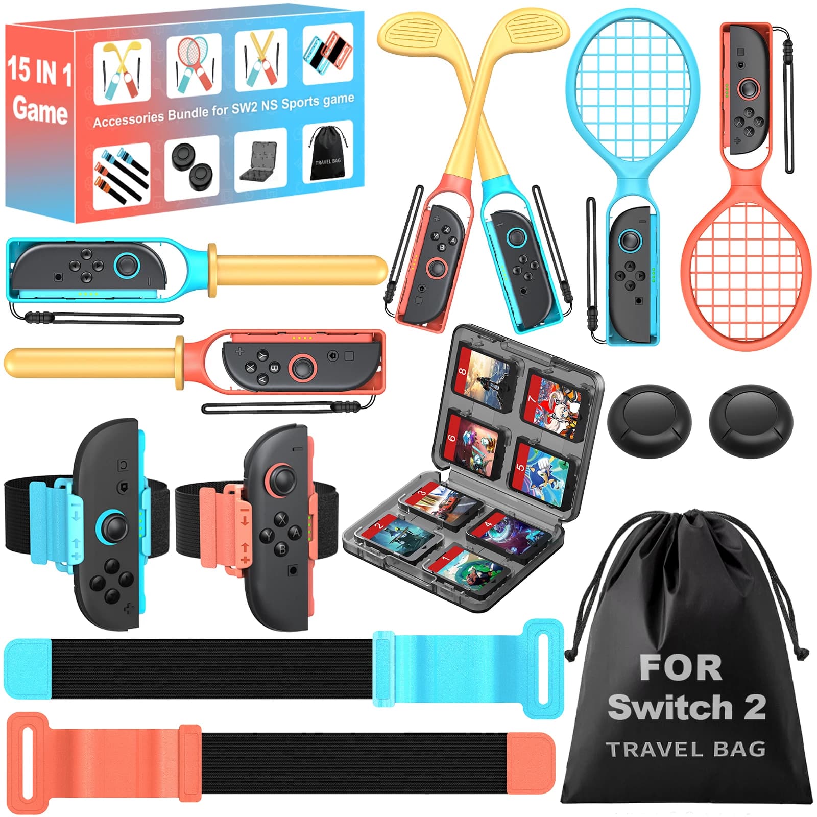 BEBONCOOL SA10 All In One 15 in 1 for Switch2 Sports accessories for switch2 Play kit with Golf Club x2 tennis rack x2