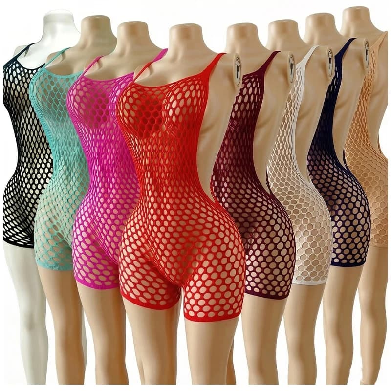 Women Sexy Cover Up Elastic Fishnet Jumpsuit Deep V Neck Hollow Out Swimsuit Summer Festival Beach Wear Resort Loose Romper