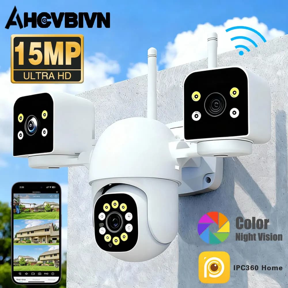 Telecamera IP WiFi HD 15MP per Esterni con Tre Obiettivi PTZ, Tracciamento del Movimento AI, Videocamera PTZ 4K, Protezione di Sicurezza Impermeabile per Sorveglianza