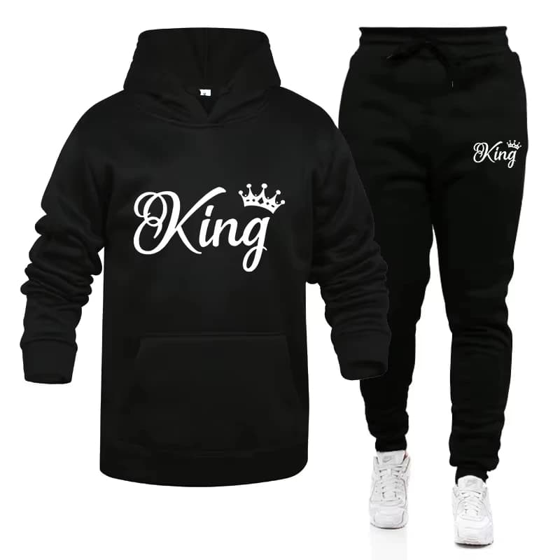 Men Women 2026 Winter Fleece 2‑Piece Tracksuit King Queen Graphic Oversized Pullover Hoodie Sweatshirt Sweatpants Casual Outfit