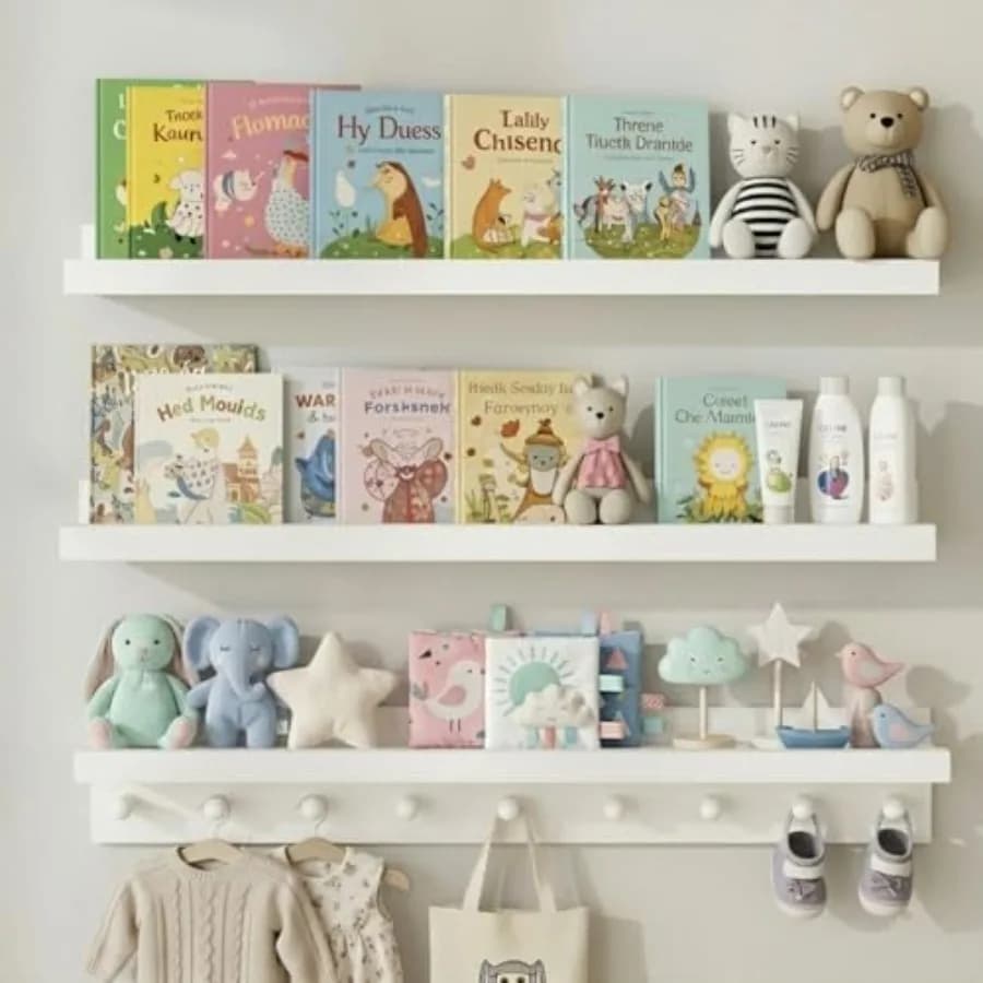 Solid Wood Nursery Book Shelves for Room Wall Shelf with Hooks and Floating Shelf with Pegs Picture Ledge to Organize Books Bab
