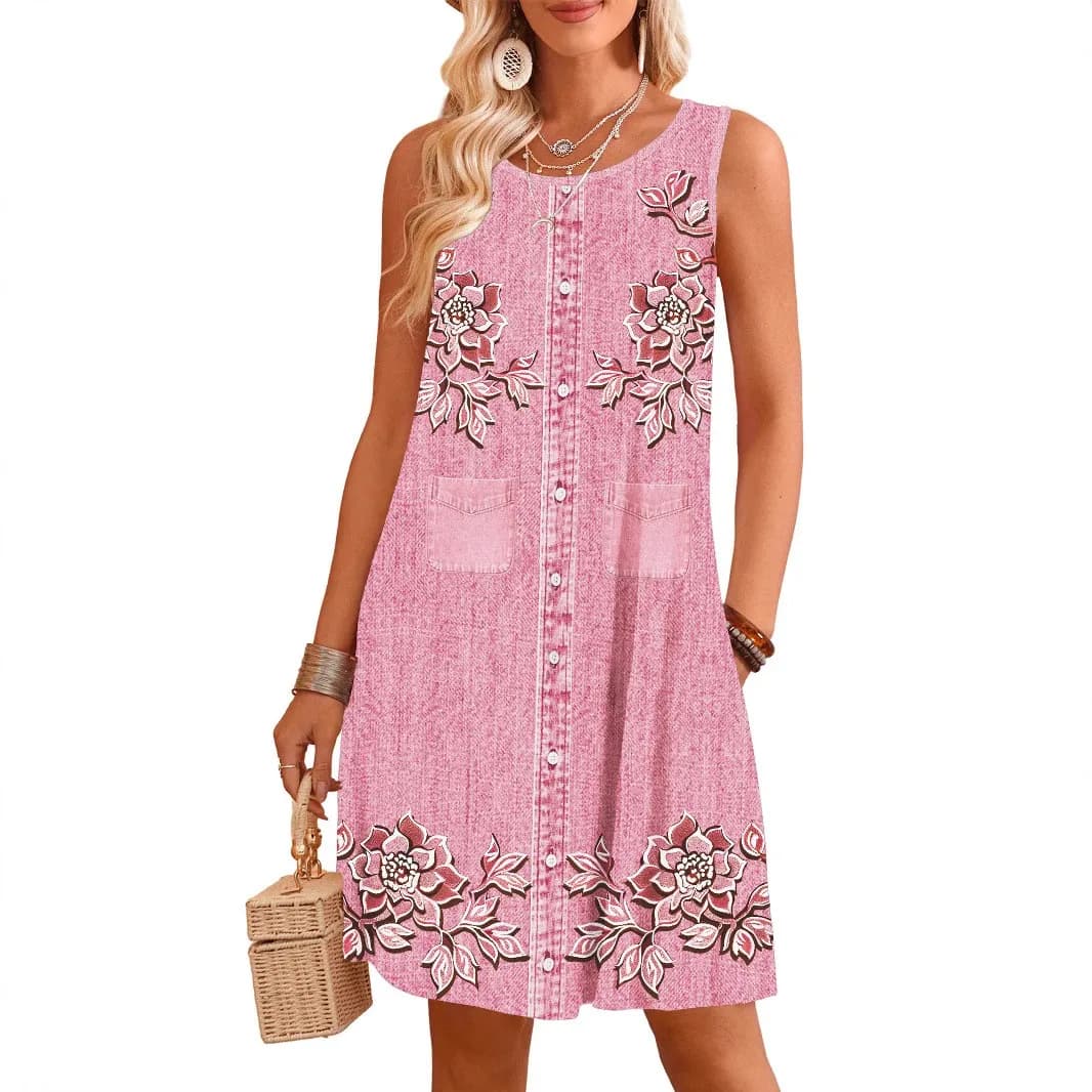 Summer Woman Dress Round Neck Digital Print Midi Dresses A Line Sleeveless Straight Fit Sundress Blue Denim Knee Length Floral