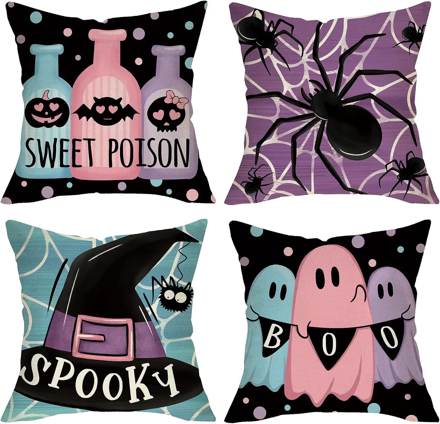 Halloween Set of 4 Double Sided Throw Pillow Covers Ghost Boo Witch Hat Spider Web Cushion Cases Decor Couch Sofa