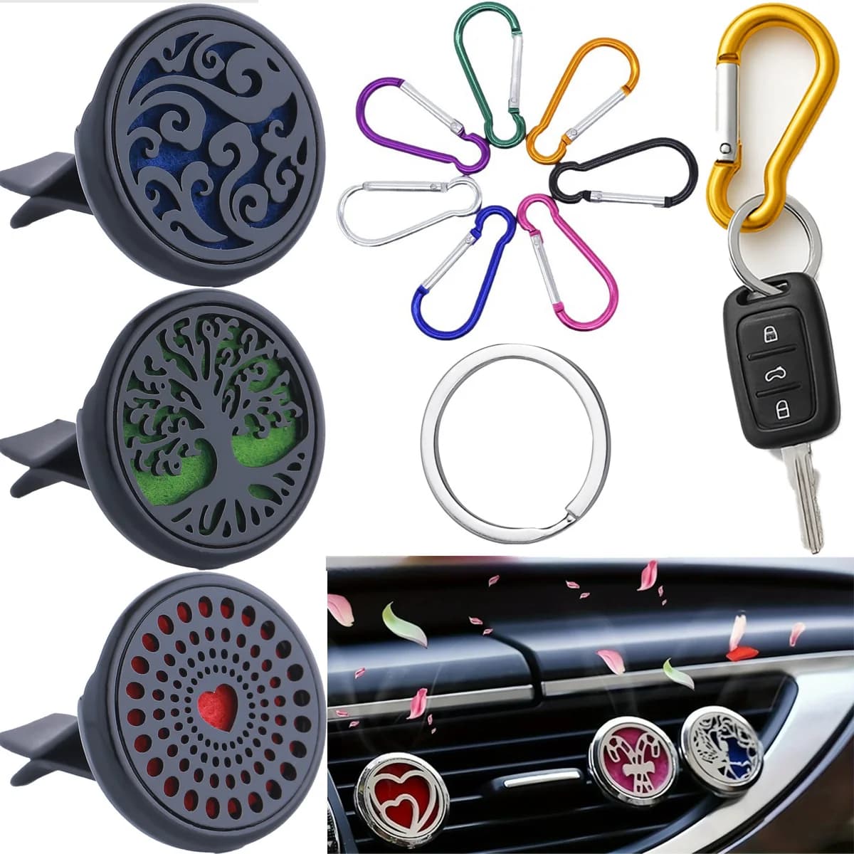 Diffusore per deodorante per auto, accessorio interno per prese d'aria per condizionamento di veicoli, include 10 rondelle e un set di portachiavi.