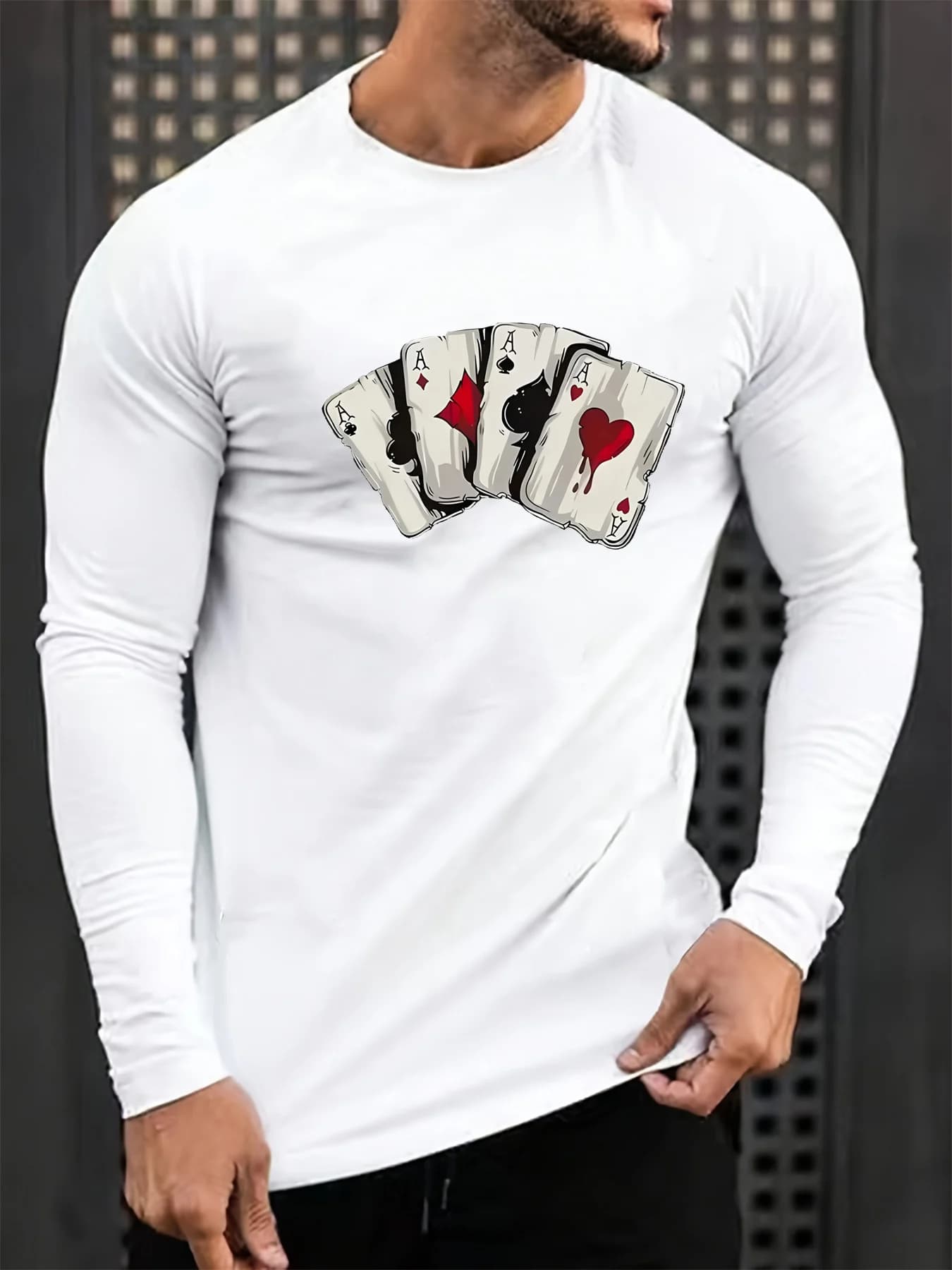 Autumn and winter t-shirt printed with loose poker card pattern men's long sleeve t-shirt in cotton 100 top casual versatile
