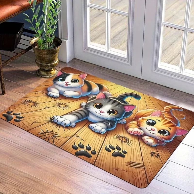 Cute Kittens Scratching Wood Floor Doormat Three Playful Cats Design Non-Slip Floor Mat for Cat Lovers
