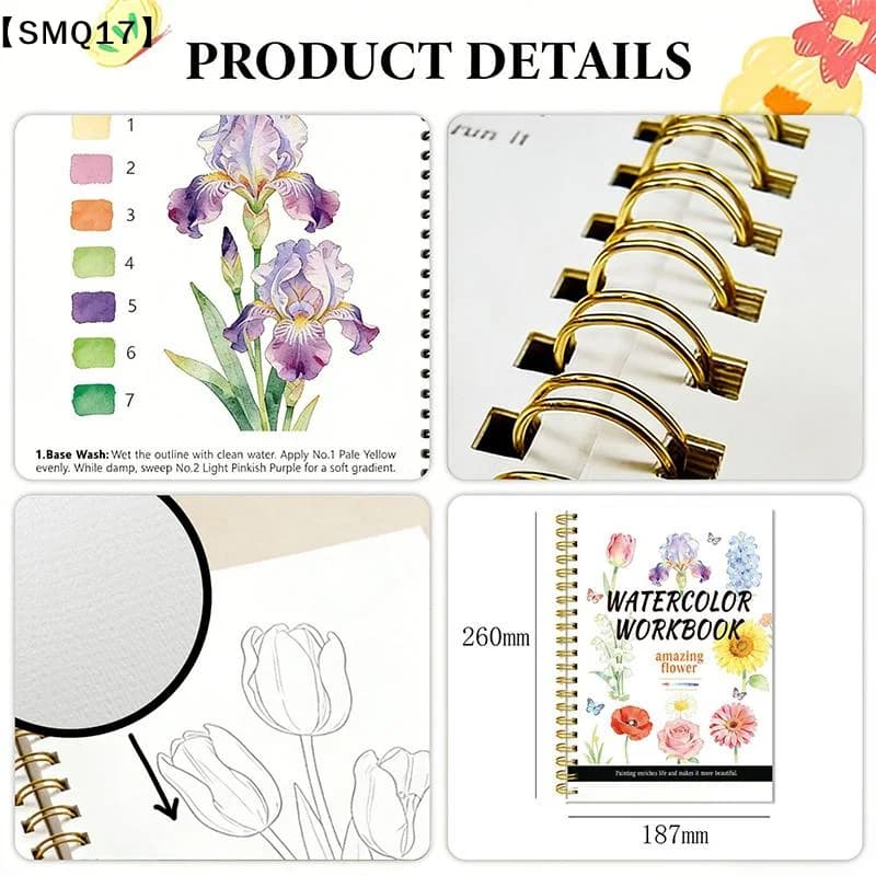 Spiral Bound Watercolor Flower Workbook Thick Paper Easy Guides For Beginners Daily Art Practice【SMQ】