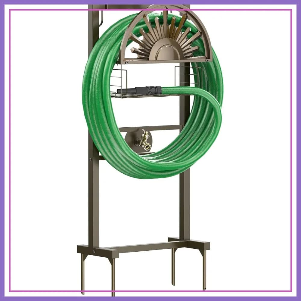 Supporto per Tubo da Giardino Autoportante con Rubinetto in Ottone, Resistente, Contiene Tubi da 45 Metri, Cesto Portaoggetti per Patio, Giardino e Prato