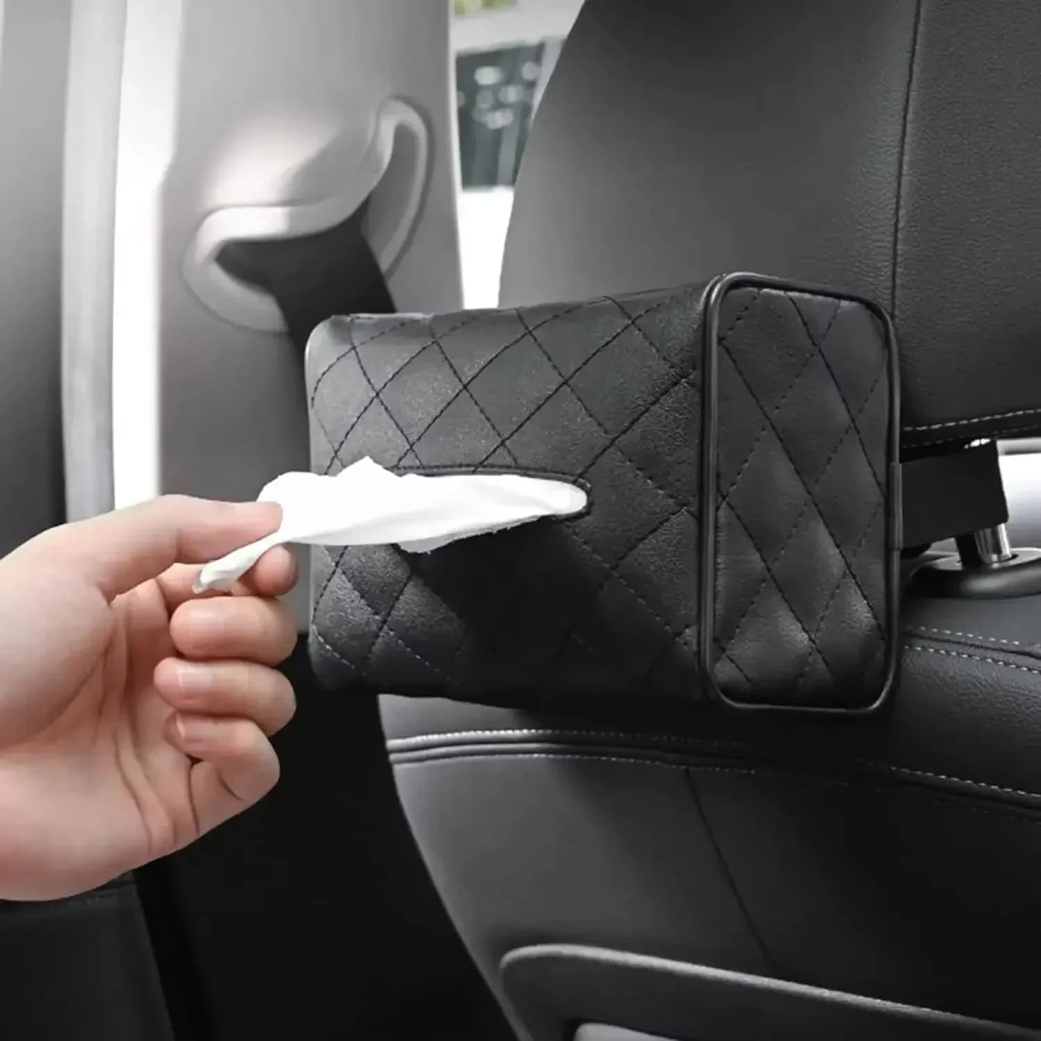 Porta Fazzoletti in Pelle a Tinta Unita a Quadretti, Resistente all'Usura, da Appendere al Parasole del Sedile Auto, con Cinghia e Fibbia, Facile Installazione