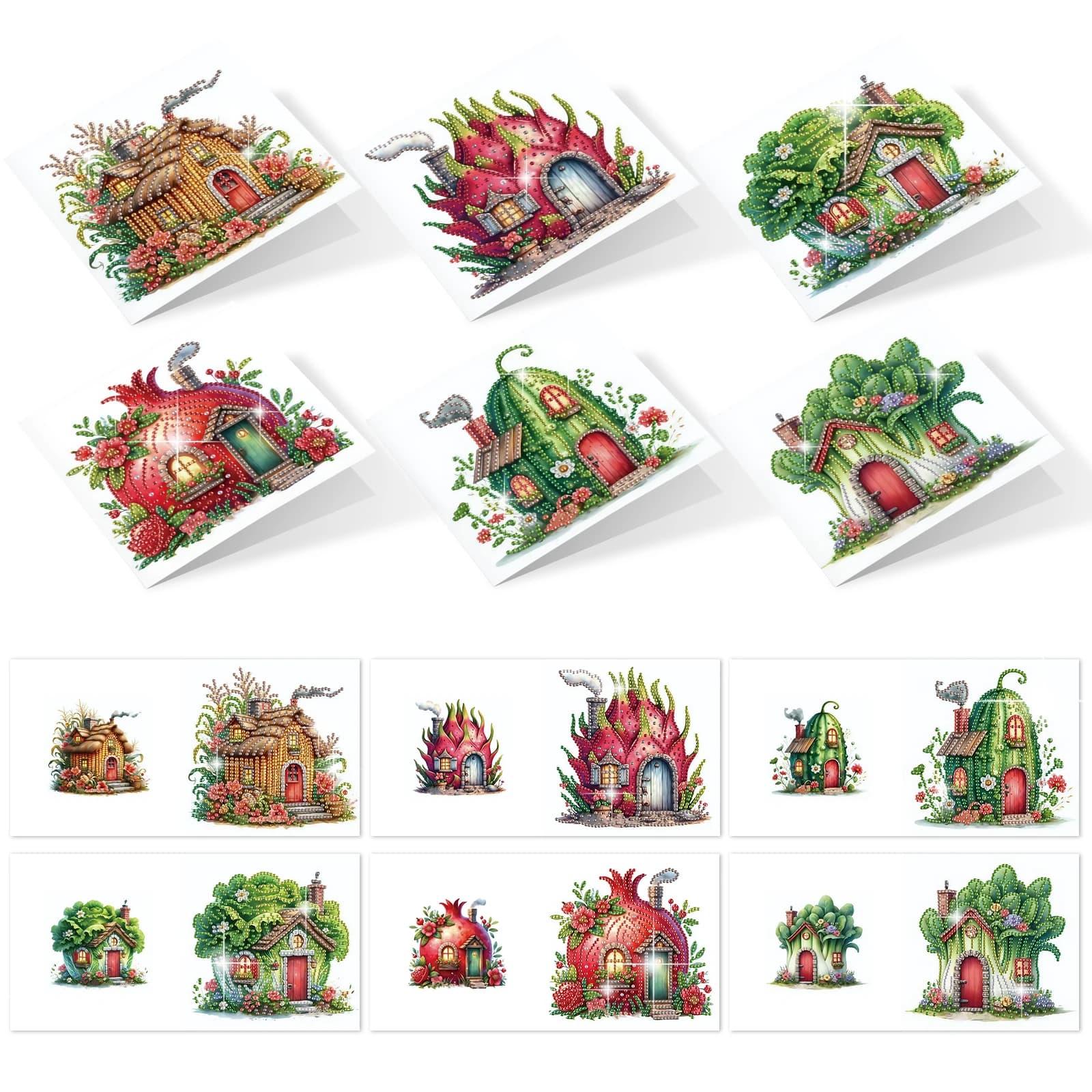 Kit di biglietti d'auguri con pittura artistica con diamanti da 6 pezzi, biglietti di congratulazioni con arte del diamante a forma speciale della casa delle verdure, regalo fatto a mano