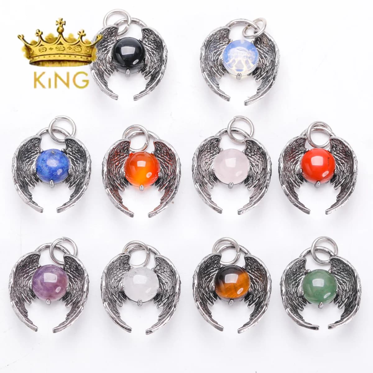 Perline a forma di palla rotonda naturale ciondoli ad ala in argento collana con ciondoli in pietra di diaspro di cristallo curativo gioielli colorati con pietre preziose