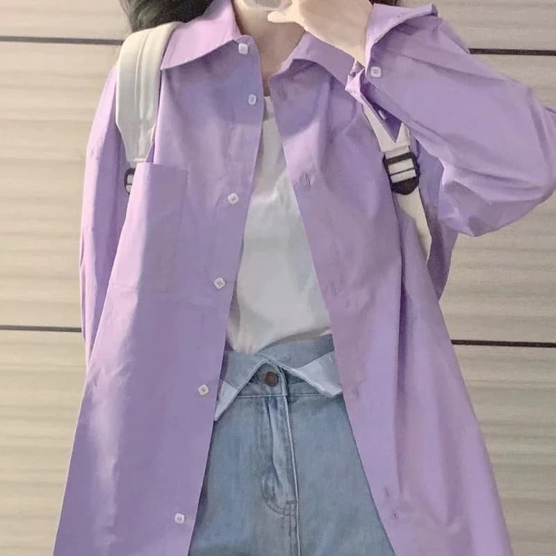 Women's long sleeve purple cotton summer shirt, wide fit, casual, Korean style, high-end feeling, reverse collar, sun protection