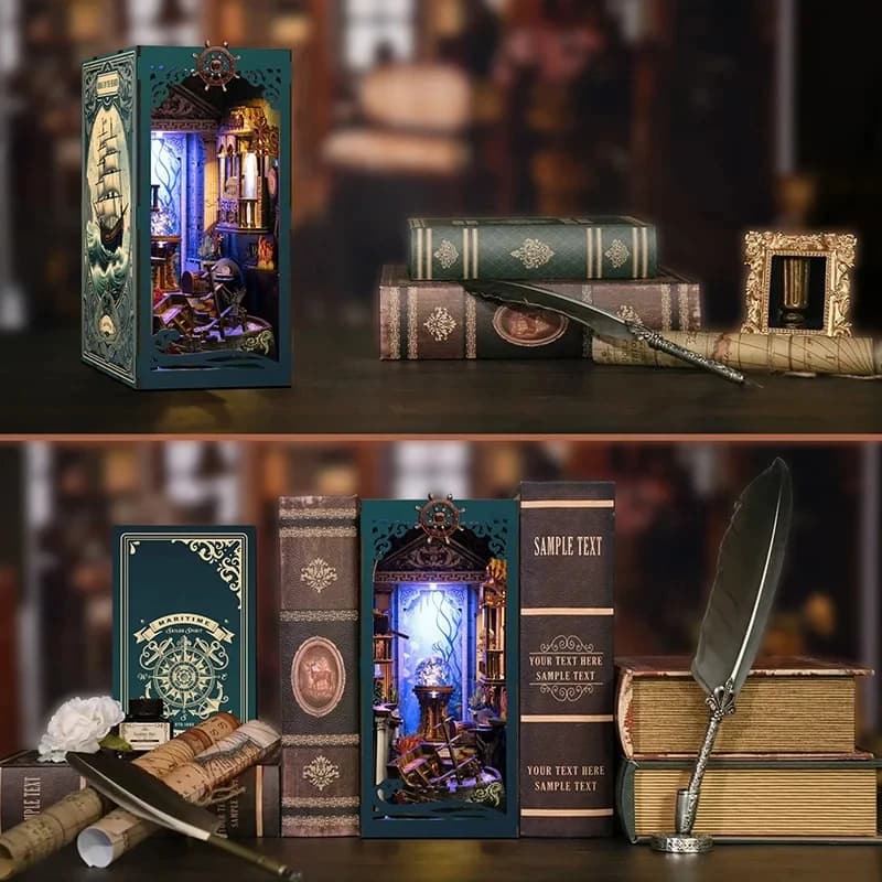 OUZEY Seabed Kit di modellini in miniatura con inserto per scaffale a forma di angolo di lettura in legno, con luce LED e fermalibro, per collezionisti e amici