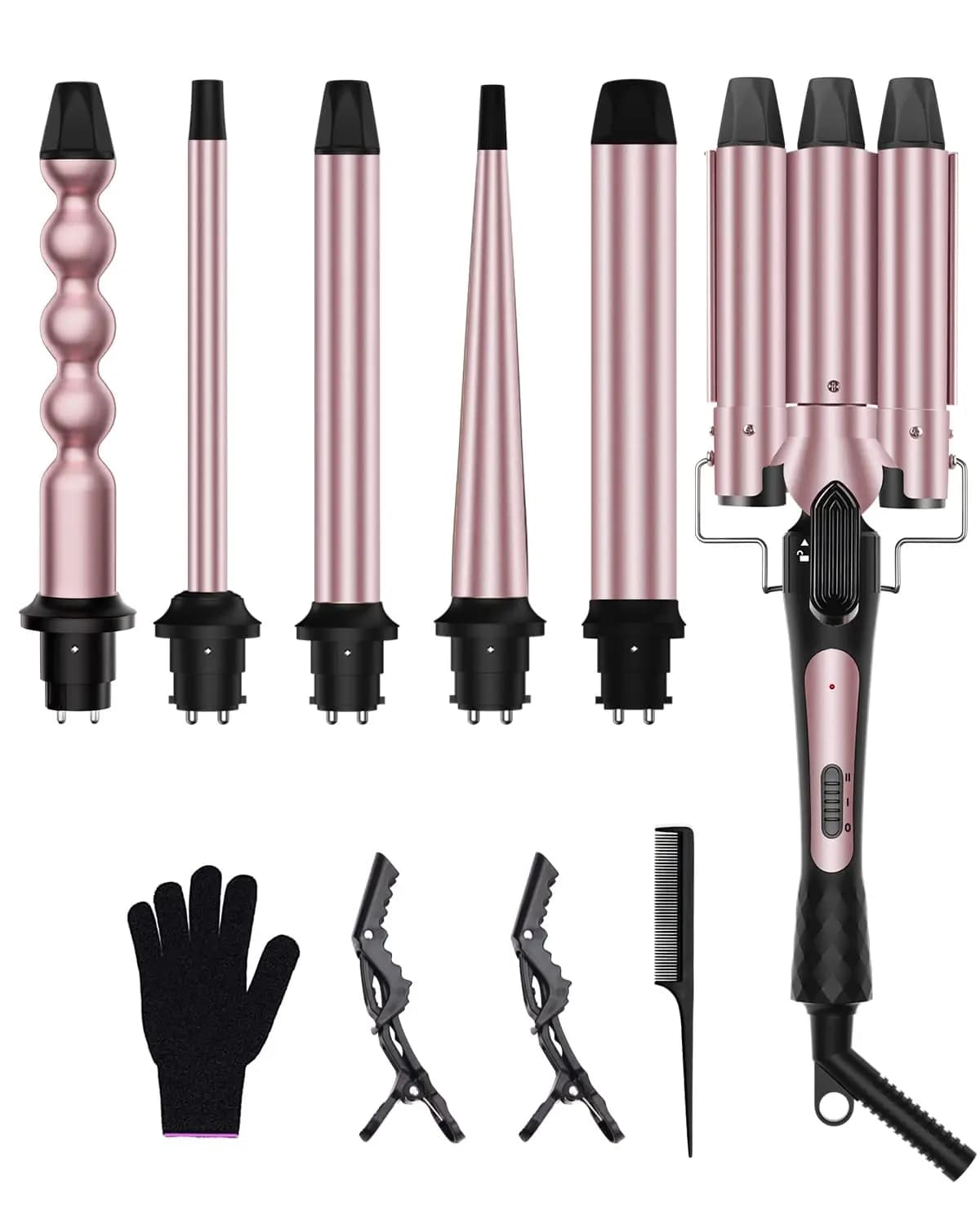 6-in-1 Curling Iron Set, Interchangeable Barrels 0.35"-1.25", Dual Temp, Includes Glove & Clips