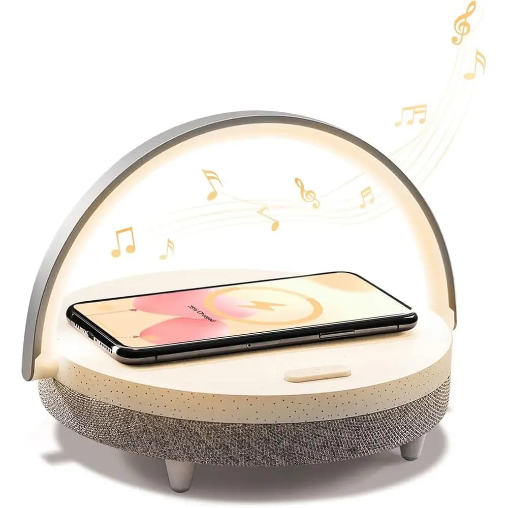 Multifunction Bluetooth Speaker 4 in 1: bedside lamp, wireless charging, dimmable night light, phone support - perfect for birthday