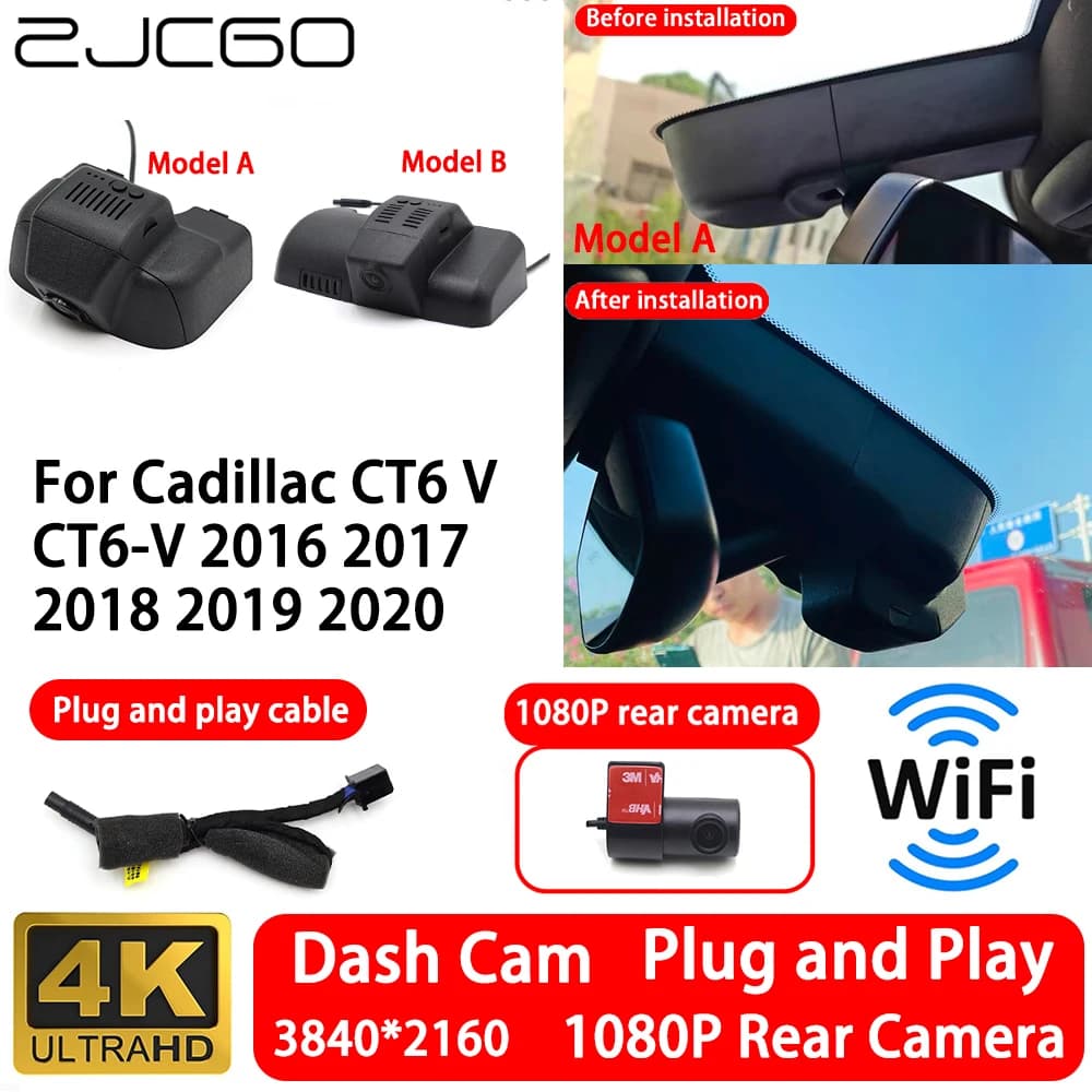 Front Camera and Rear 4K 2160P for Cadillac CT6 V CT6-V 2016~2020, Dash Cam WiFi Plug and Play, Video Recorder with Loop Registration
