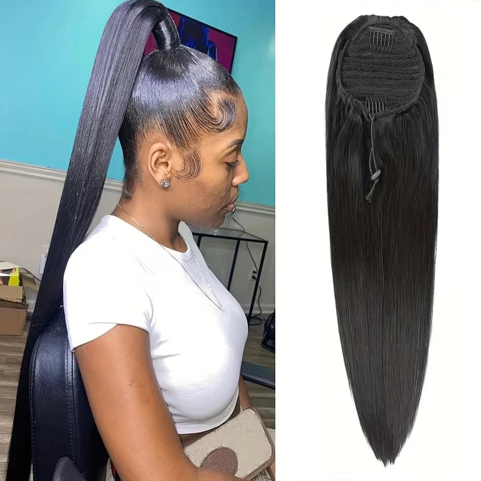 Extensions per capelli umani con coda di cavallo a coulisse da 100g, lisci, con clip, colore nero, capelli Remy brasiliani
