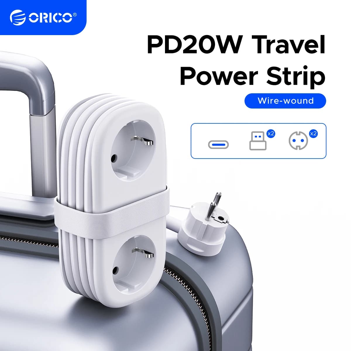 ORICO 20W Electric multi-faceted EU plug with 2AC sockets 2USB 1 Type-C port 1.53M extension cable Intelligent socket for Home/Travel