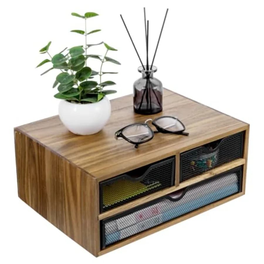 Organizer da Scrivania in Legno Massello di Acacia Premium con 3 Vassoi Rimovibili in Rete Metallica Nera, Contenitore Rustico per Forniture da Ufficio