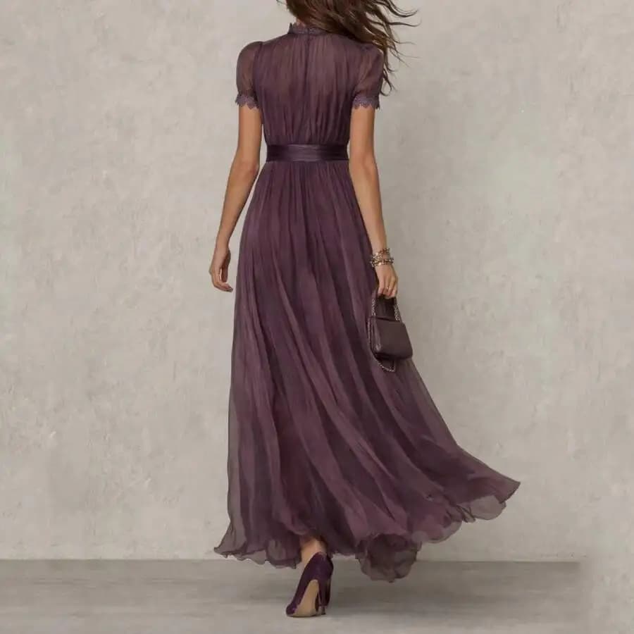 Elegant Purple Chiffon Maxi Dress With Ruffled Sleeves High Neck Waist Belt Flowy Hem