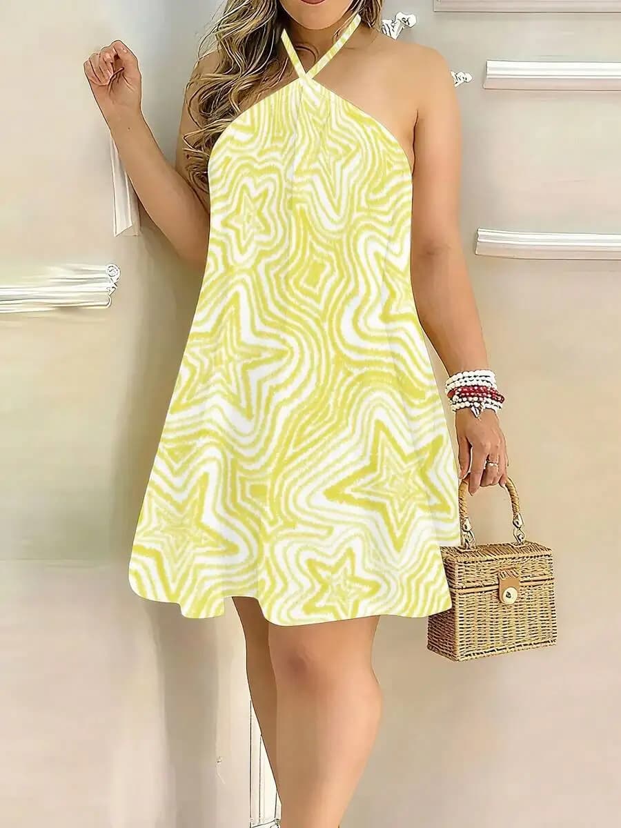 Womens Halter Neck Backless Dress Yellow White Abstract Star Print Casual Loose Knit Mini Dress