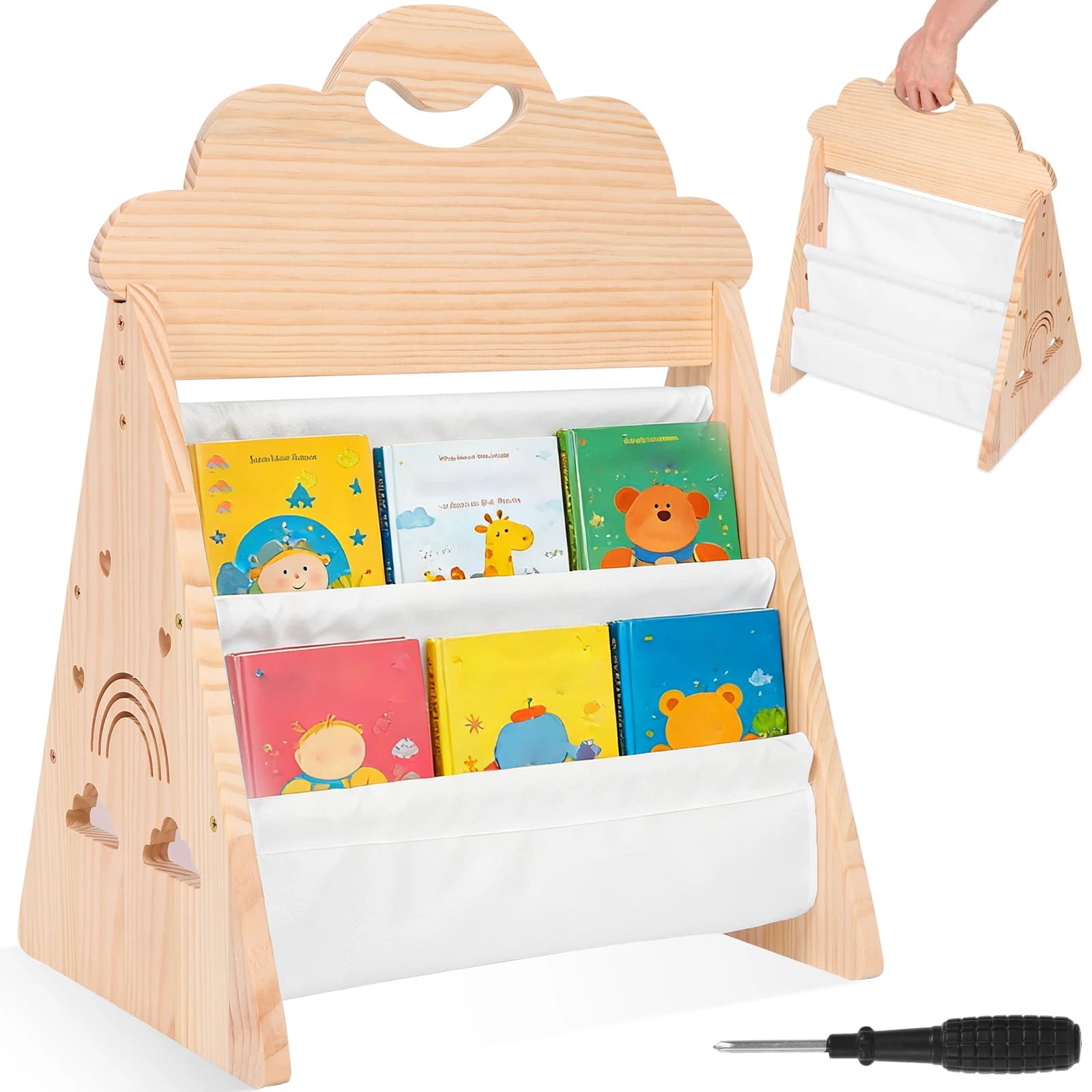 Double Sided Kid Bookshelf 2/4 Tier Portable Book Storage Rack Wooden Nursery Bookshelf Picture Book Display Stand for Playroom