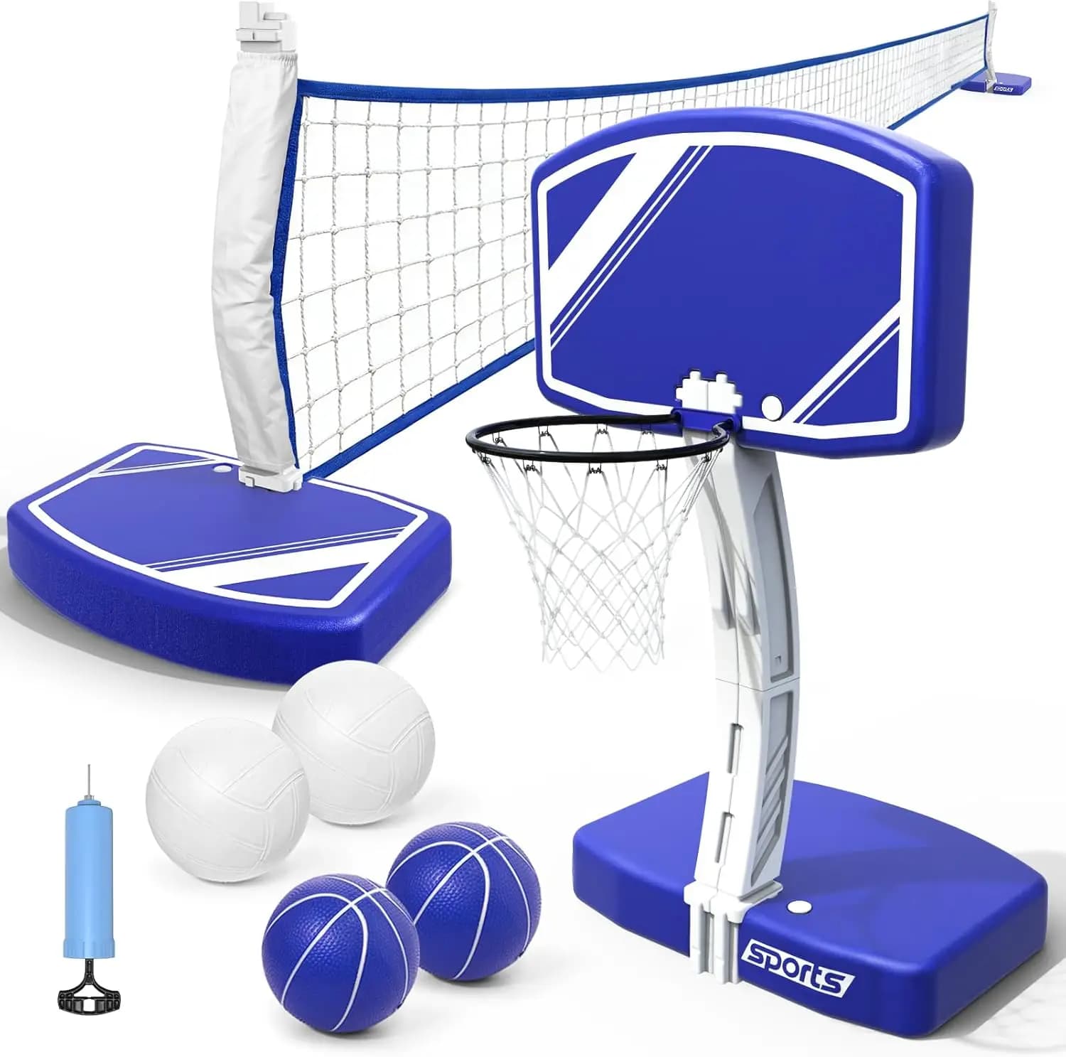 2-in-1 Pool Basketball Hoop and Volleyball Net Set - Pool Toys Basketball Game with Weighted Base and Stand, Includes 2 Water Volleyballs, 2 Basketballs, and Air Pump - Summer Outdoor Family Party Pool Games for Kids and Adults
