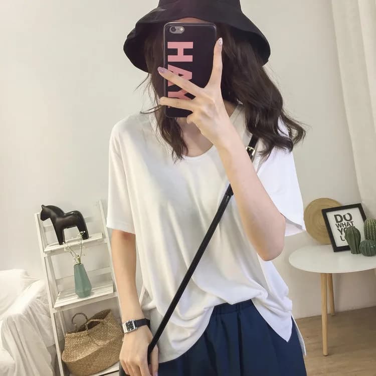 1 pz T-shirt estiva da donna a tinta unita, classica, basic, alla moda, a maniche corte, scollo a V, comoda, per studentesse