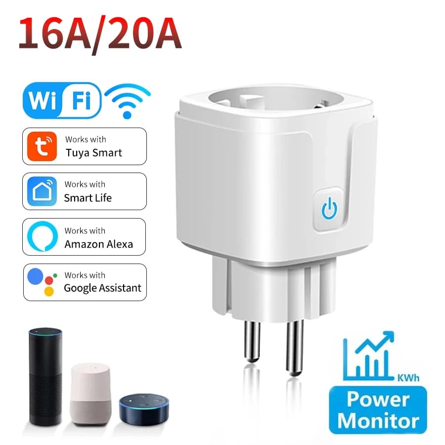 Tuya Smart Socket EU 16A 20A WiFi Smart Plug with Power Monitor Smart Life APP Remote Assistant Google Voice Control Alexa
