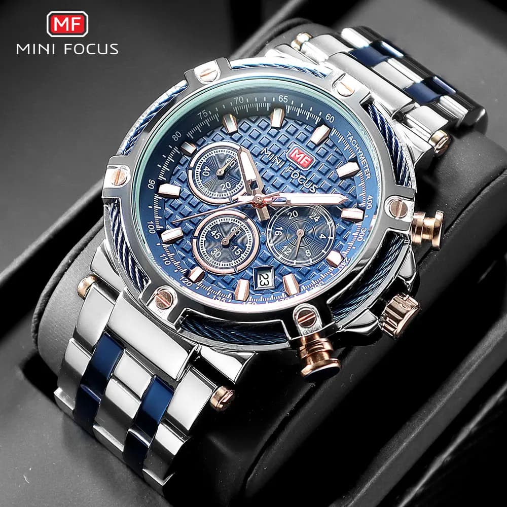 MINI FOCUS Men's Quartz Watch Silver Blue Stainless Steel Strap Chronograph Luminous Wrist Watch with Date 24 h 0470