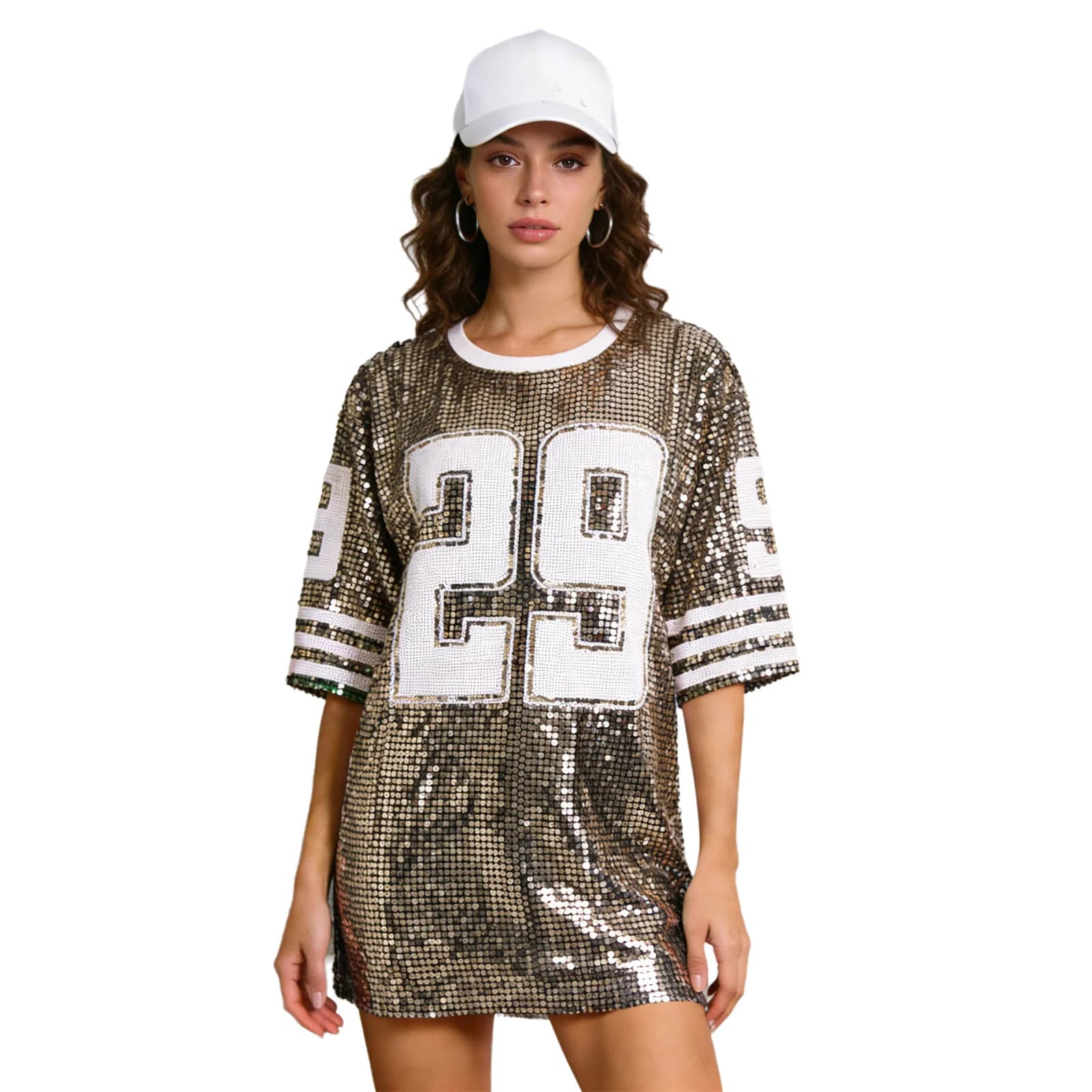 T-shirt Sportiva Hip Hop da Donna con Paillettes e Numeri, Manica 3/4, Top Luccicante per Club, Rave, Partite di Calcio