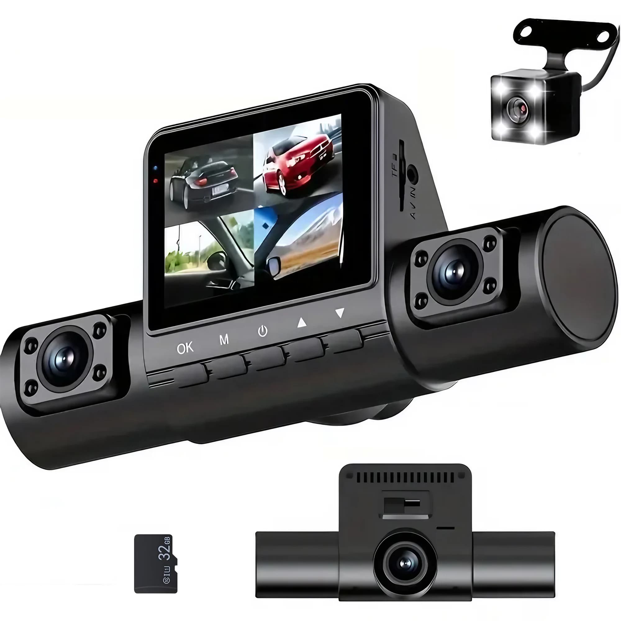 STONEGO Dash Cam with 4 lenses, 1080P Full HD, wide-angle, loop recording, control buttons, laptop support with IPS screen