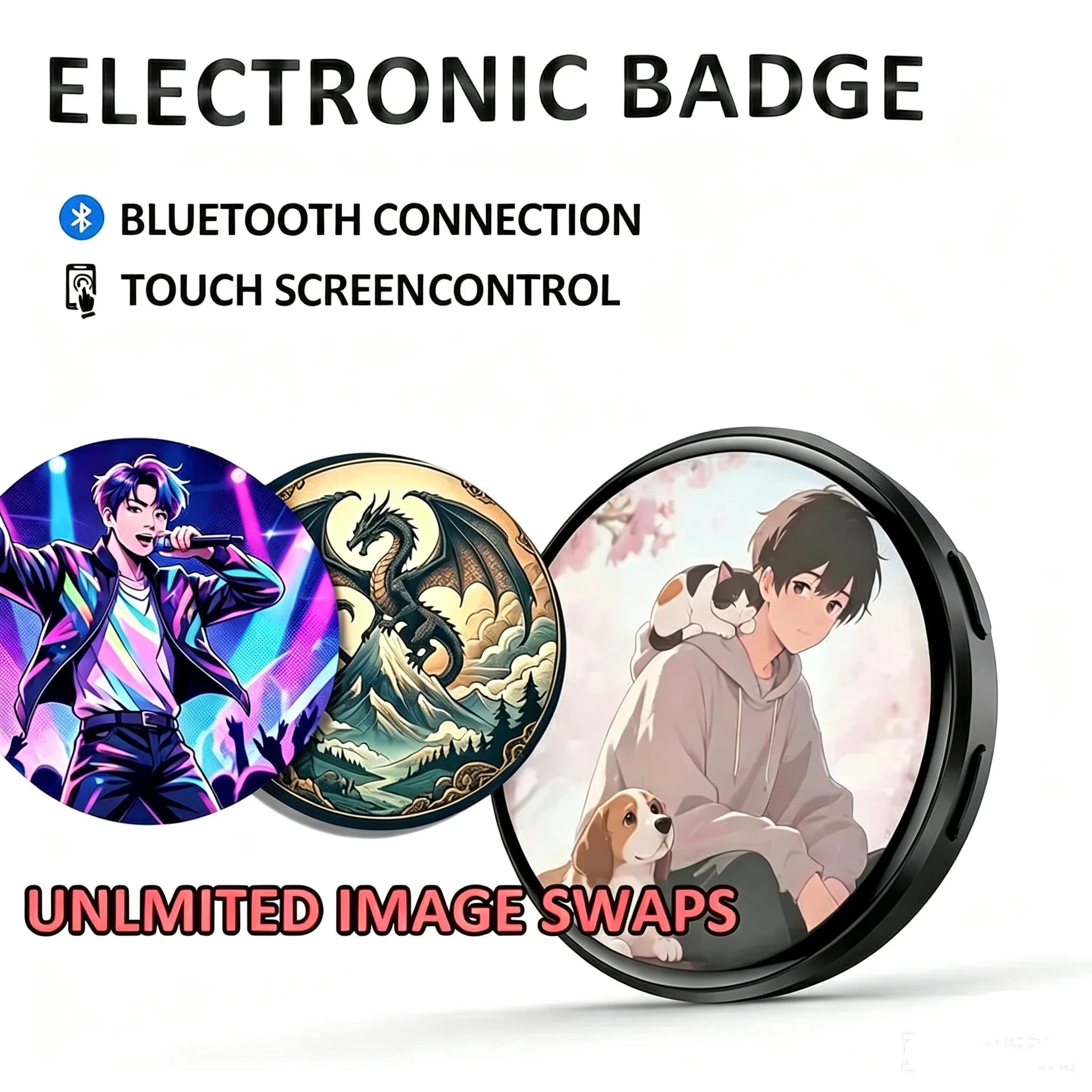 Badge LED con Display HD, Cornice Digitale per Foto, Badge Elettronico Fai-da-Te, Regalo Merchandising Cartoon, Accessori per Cosplay