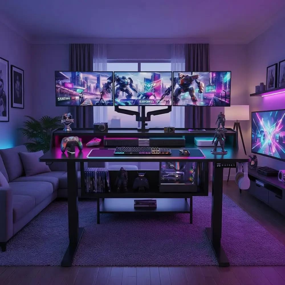 XMSJ Adjustable Electric Desk, 55x28 Inch, with Library and Monitor Support, Gaming Desk with LED