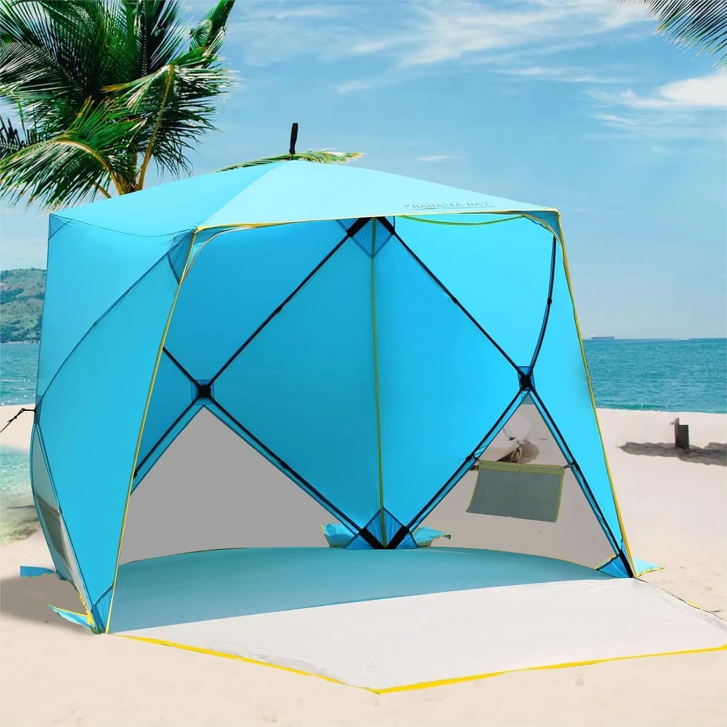 Tenda da spiaggia pop-up per 4 persone, riparo solare portatile con protezione UV UPF 50+ e pavimento estensibile per pesca, escursionismo e campeggio