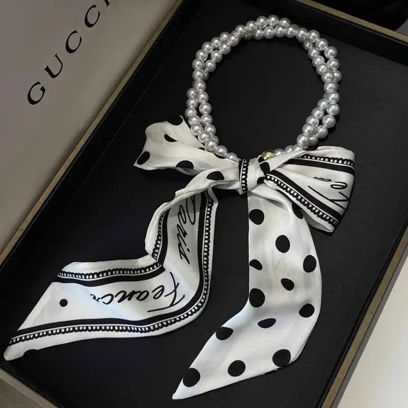 Cintura in vita con sciarpa a pois francese Faionable per donna Nastro decorativo per collo con perle decorative Nastro svolazzante a strisce eleganti